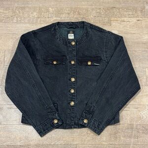 Vintage Jordache Black Denim Jean Jacket Collarless Gold Tone Size Large
